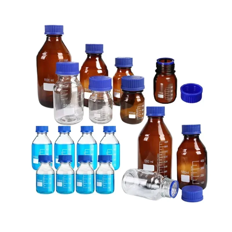 1Pcs 25ml-1000ml Empty Glass Media Storage Bottles with Blue Screw Caps for Lab Mixtures Reagent Liquids