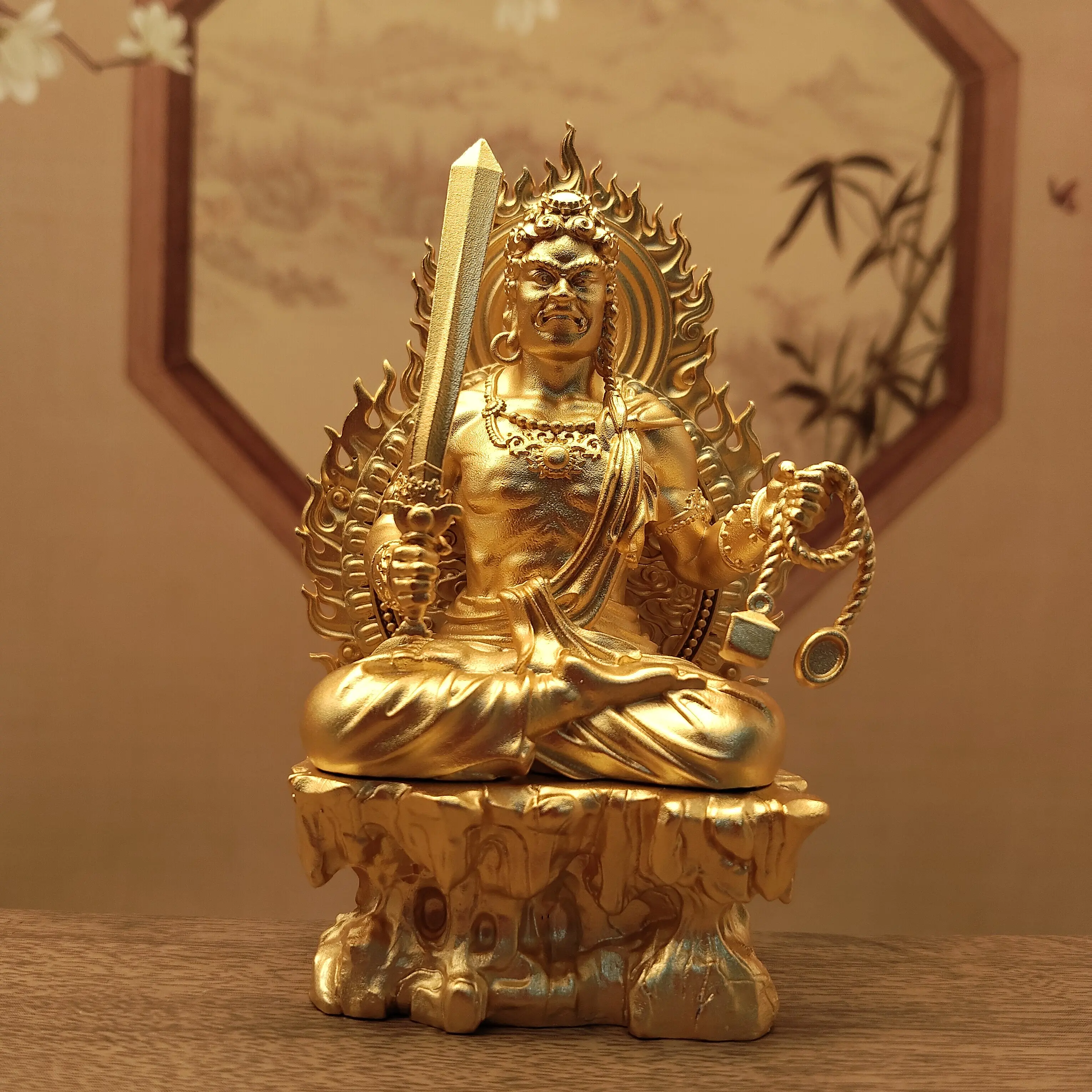 Estatua de Acala Fudo Myoo, los Ocho Protectores, Chapada en Oro, Artesanía Nepalí, 10 cm, para Hogar, Oficina, Sala de Estar, Altar, Bendición