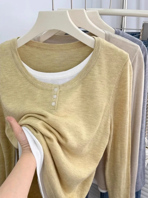 plus Size 300 Pounds Women's Long Sleeve Knitted Shirt Inner Wear Base Shirt Fake Two-Piece Top Korean Style Commute Style