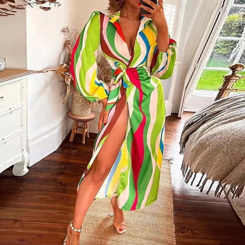 

Robe Femme Spring Summer Fashionable Printed Lantern Sleeve Lace Up Slit Lapel Dress Popular Contrasting Loose Mid Length Skirt