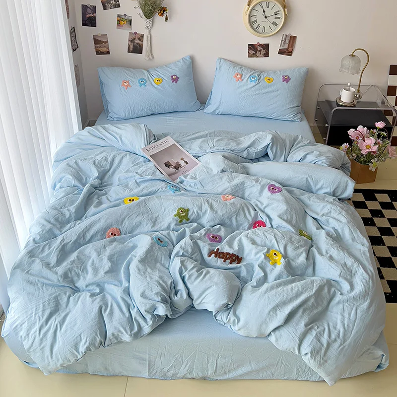 Cartoon Monster Duvet Cover 4pcs Bedding Set Kids Girls Bedroom Quilt Cover Polyester Comforter Cover 1 Flat Sheet 2 Pillowcases