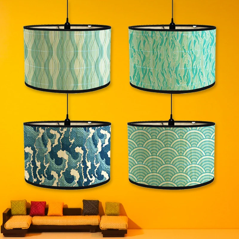 Japanese Style Landscape Painting Lamp Shade Bamboo Braided Light Cover Chandelier Wall Lamp Lampshades Bamboo Art Light Shade