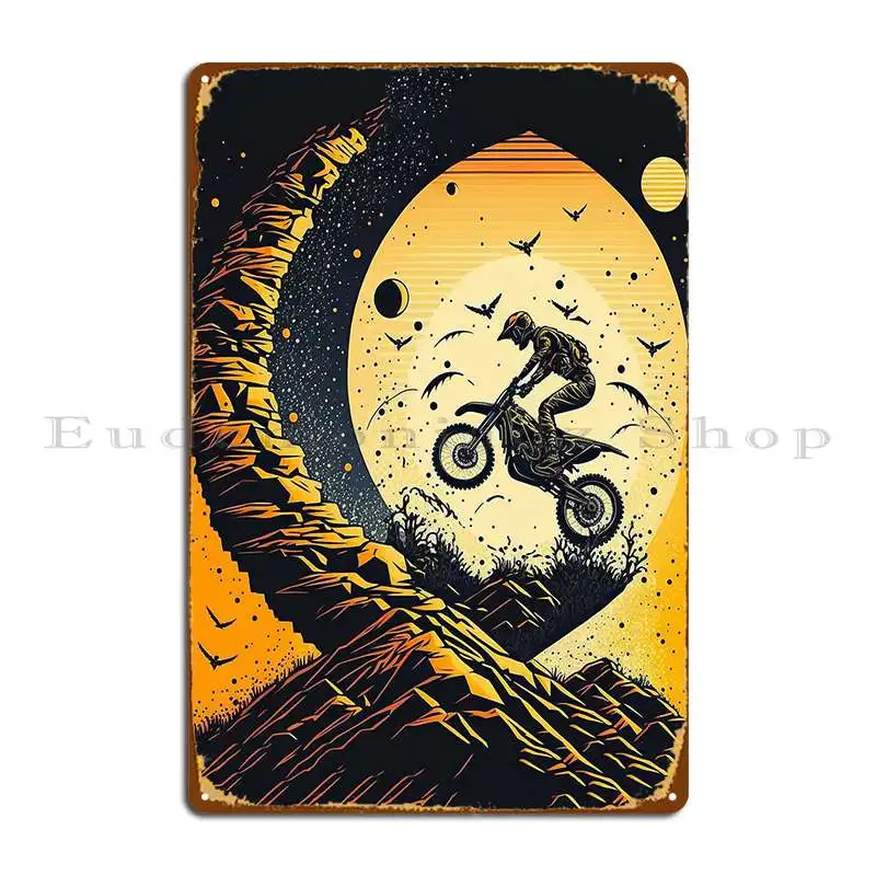 Dirt Bike Stunt W Moon Orange And Black Metal Sign Vintage Mural Funny Customized Cave Tin Sign Poster