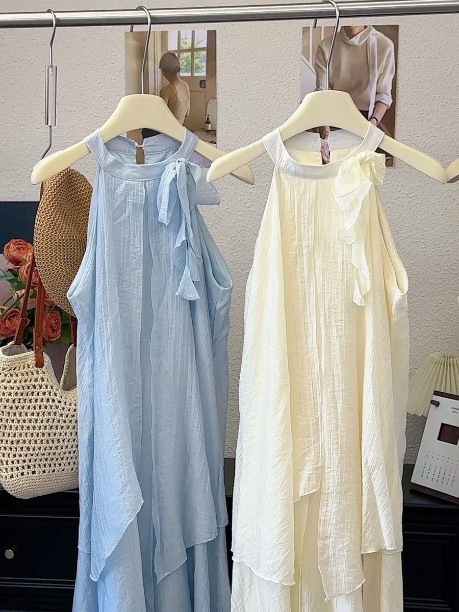 

French Style Halter Long Dresses Women Summer New Temperament Lack-up Loose Irregular Elegant Dress Vacation Style Beach Dress