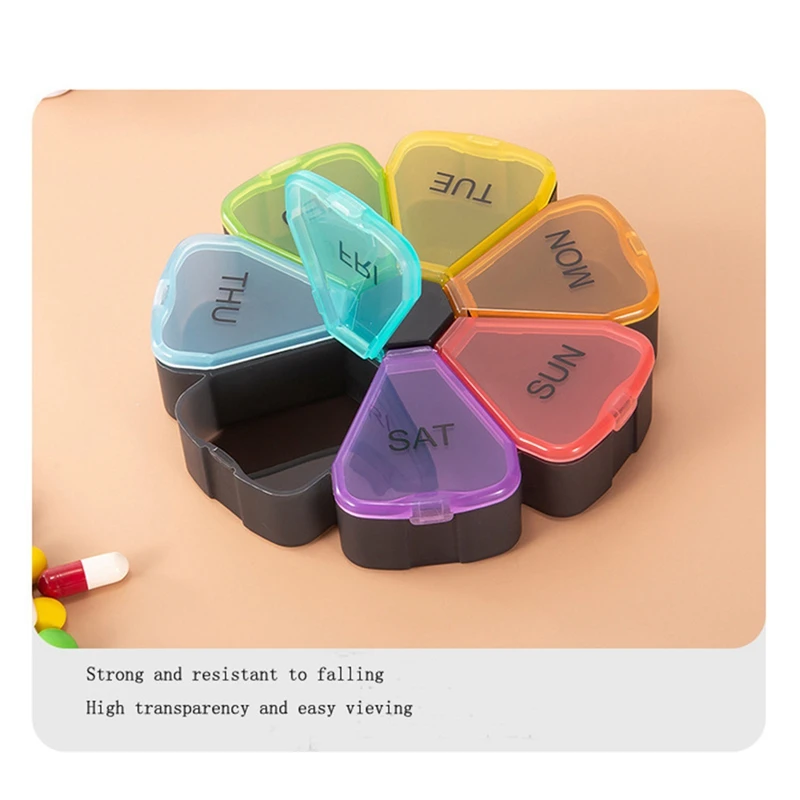 1 PCS Round Portable Pill Box Multicolor PP Round Shaped Small Case Weekly Pill Organizer 7-Sided Pill Reminder