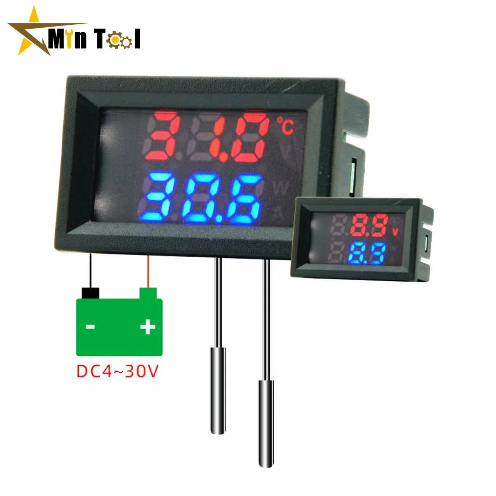 DC4-30V 100cm Digital DC Dual Display Voltmeter Thermometer Temperature Sensor Detector With NTC 10K 3950 Probe