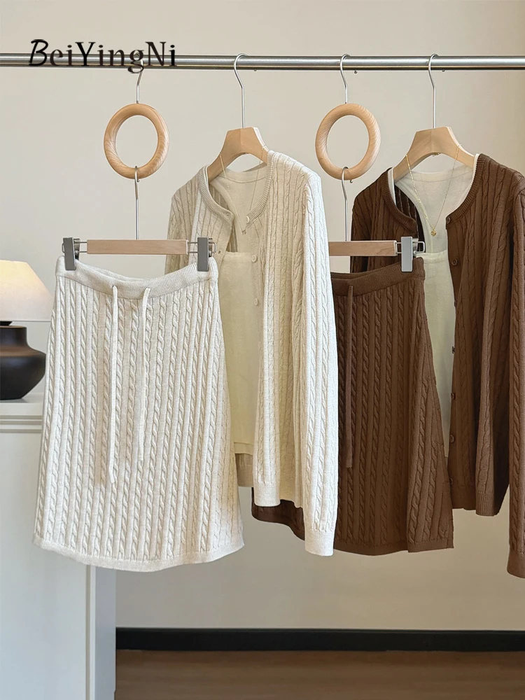 Beiyingni Old Money Style Women's 3 Piece Sets Casual Luxury Sweater Vest + Skirts Set Female Elegant Cozy Knit Matching Sets