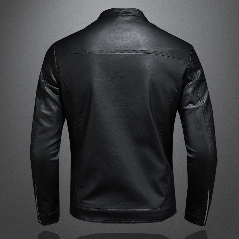 Chaqueta ajustada de cuero para motocicleta para hombre, chaqueta de cuero PU con cuello Vertical, chaqueta de gamuza para motocicleta, moda