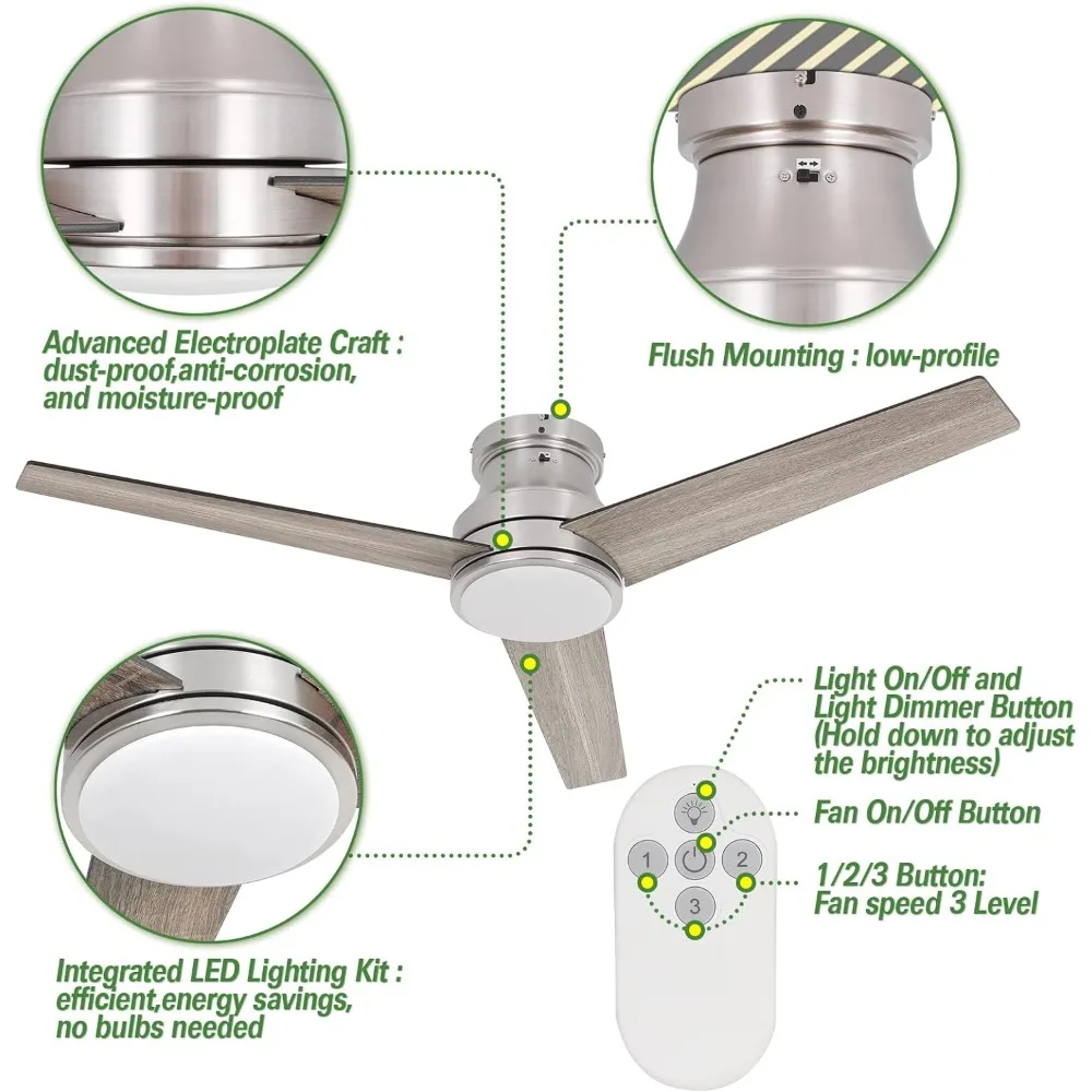 52 "Flush Mount Ventilador de teto com luzes LED, controle remoto, silencioso reversível Motor, Perfil Baixo Ventilador de teto, 3 Speed