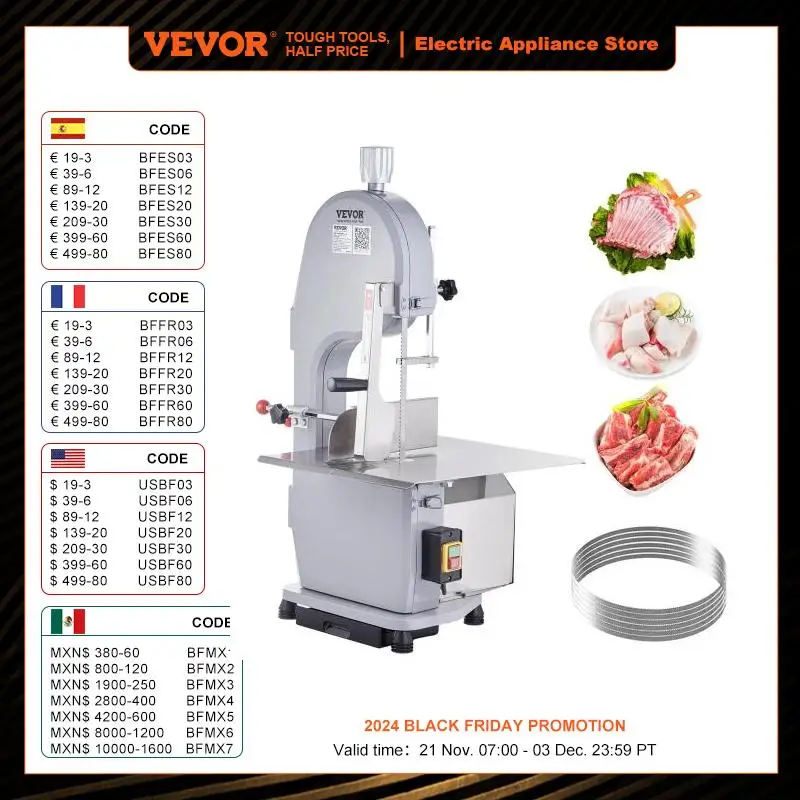 VEVOR Commercial Electric Meat Bone Saw Machine 1500W Stainless Steel Blade Bone Bandsaw Machine Workbench Countertop Bone