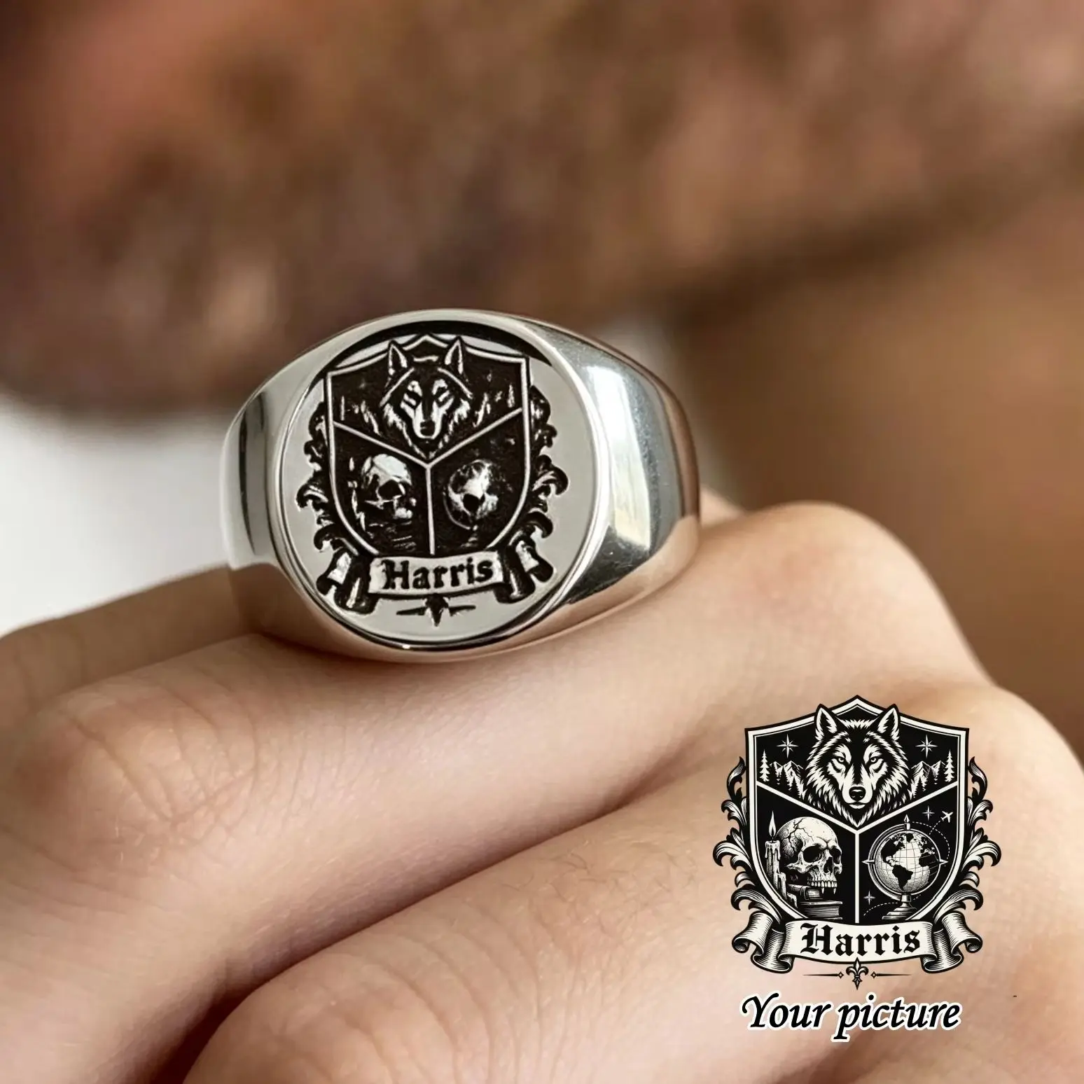 Custom Photo Signet Ring Personalized Fashion 2D Engrave Logo Crest Stainless Steel Rings Customized Men Jewelry Gift