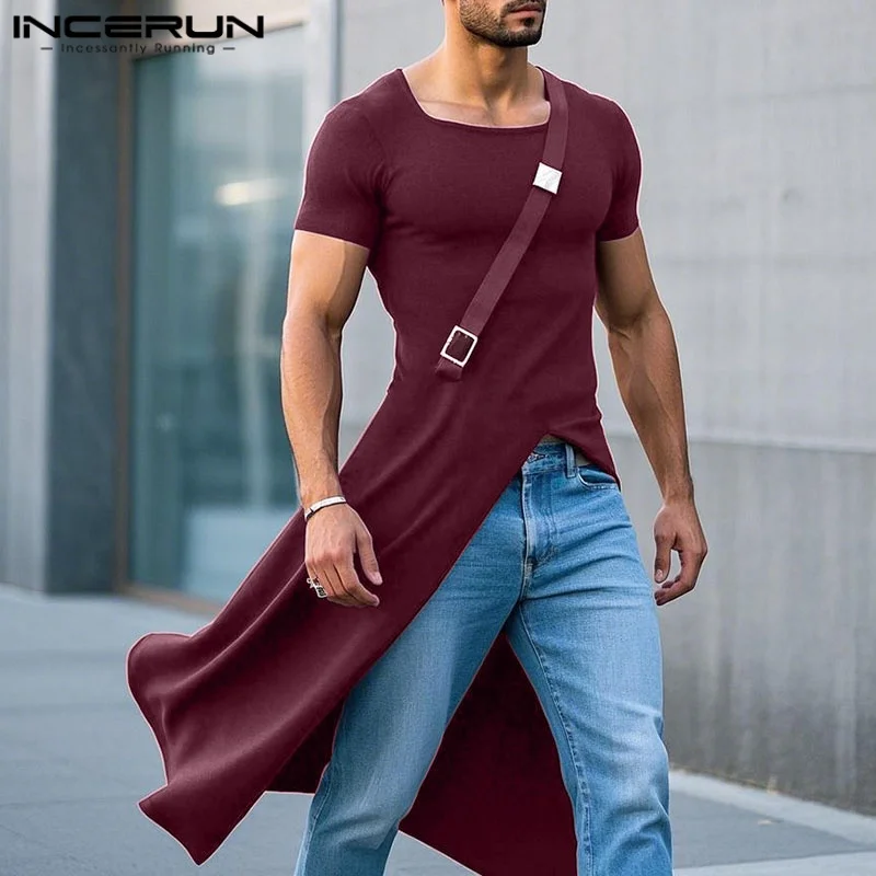 

Длинные топы, летние мужские футболки с короткими рукавами, модные однотонные длинные футболки с разрезом INCERUN, повседневная мужская одежда, S-5XL, уличная одежда