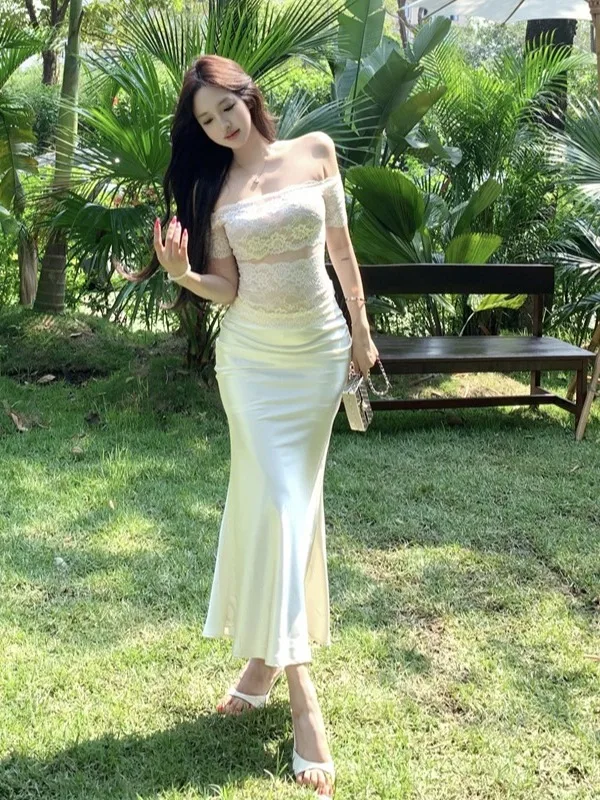 

Mermaid Light Drifting One Shoulder 3D Lace Embroidery Process Top High Waist Half Skirt Two Piece Set Women's Fashion Summer...