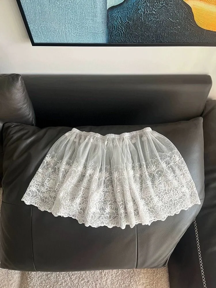 Gonna da donna in pizzo ricamato trasparente Gonna estiva a uno strato all'uncinetto Beige Gonna bianca Stile coreano Gonna corta Boho carina