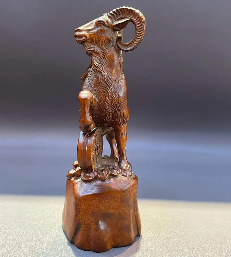 Q5097 - 13 X 7.5 X 5 CM Boxwood Carving Figurine Statue: Zodiac Wealthy Goat