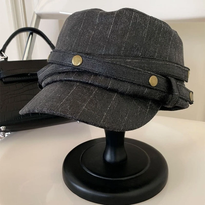 Koreanischer Retro-Stil Gestreifter Schwarzer Flacher Reiterhut für Damen, Neuer Herbst-Temperament-Vielseitiger Baskenmützen-Stil mit Weicher Krempe, Newsboy-Kappe – Detail 5