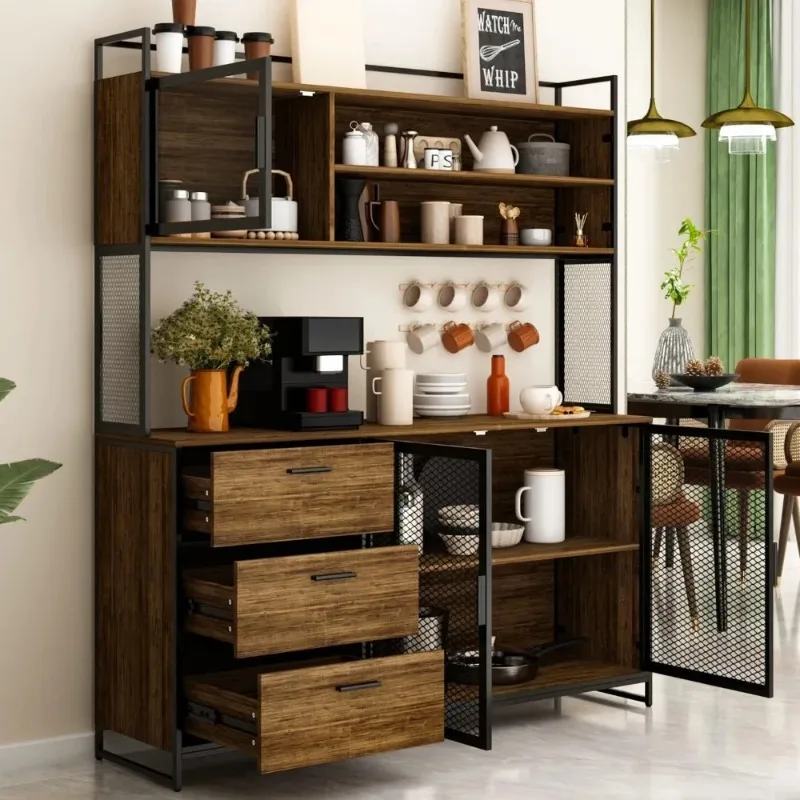Modern Wood Sideboard Buffet Storage Cabinet with Hutch, 3 Metal Mesh Doors, 3 Drawers & Shelves, Kitchen Pantry Cupboard Conso