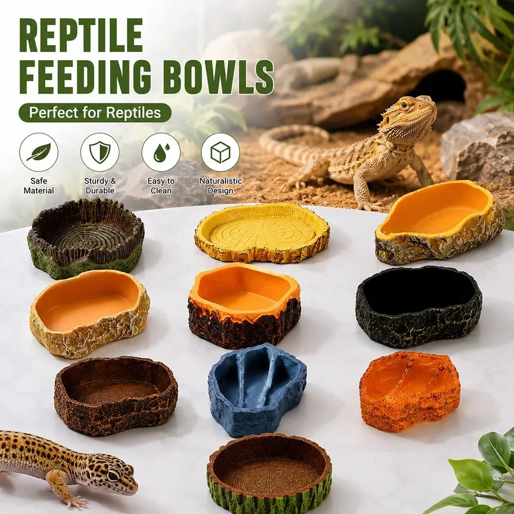Multi-functional Reptile Feeding Bowl Multicolor Tree Stump Shape Reptile Bathtub Easy Clean Faux Stone Micro Landscaping Basin