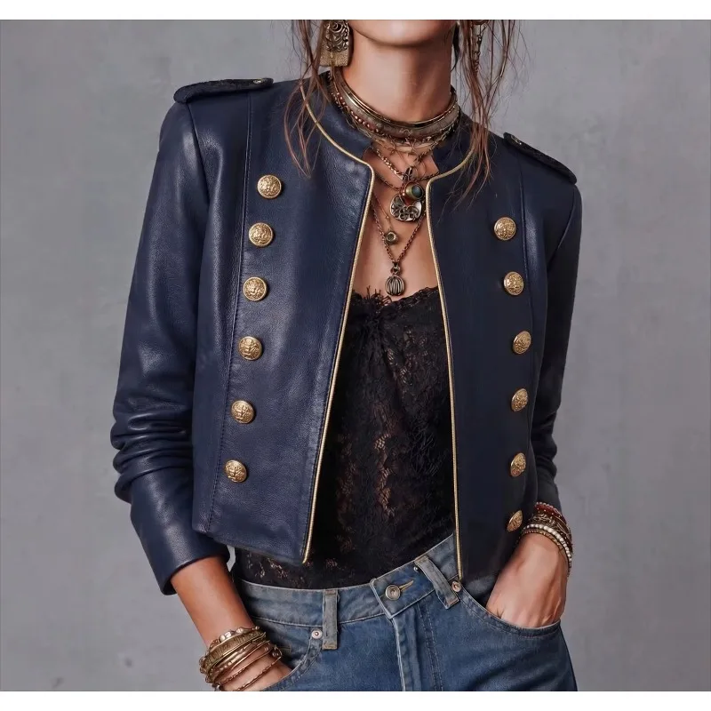 Women's Faux Leather Cropped Jackets Autumn Winter Coat Long Sleeves Stand Collar Double Breasted Casual Outerwear for Woman