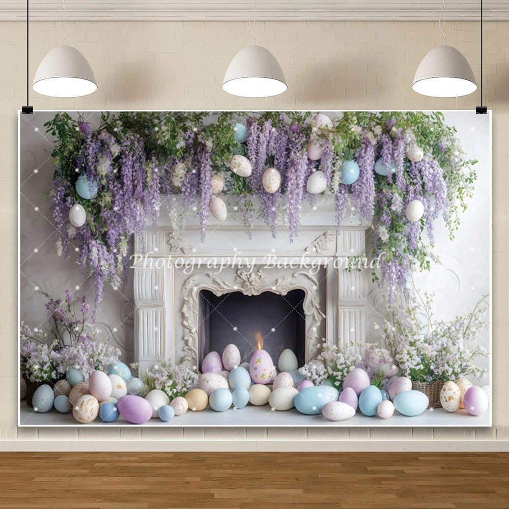 خلفية تصوير لحفلات عيد الفصح الربيعية، بيض ملون، لافندر أرجواني، غرفة مدفأة زهرة، خلفية للحفلات، استوديو الصور