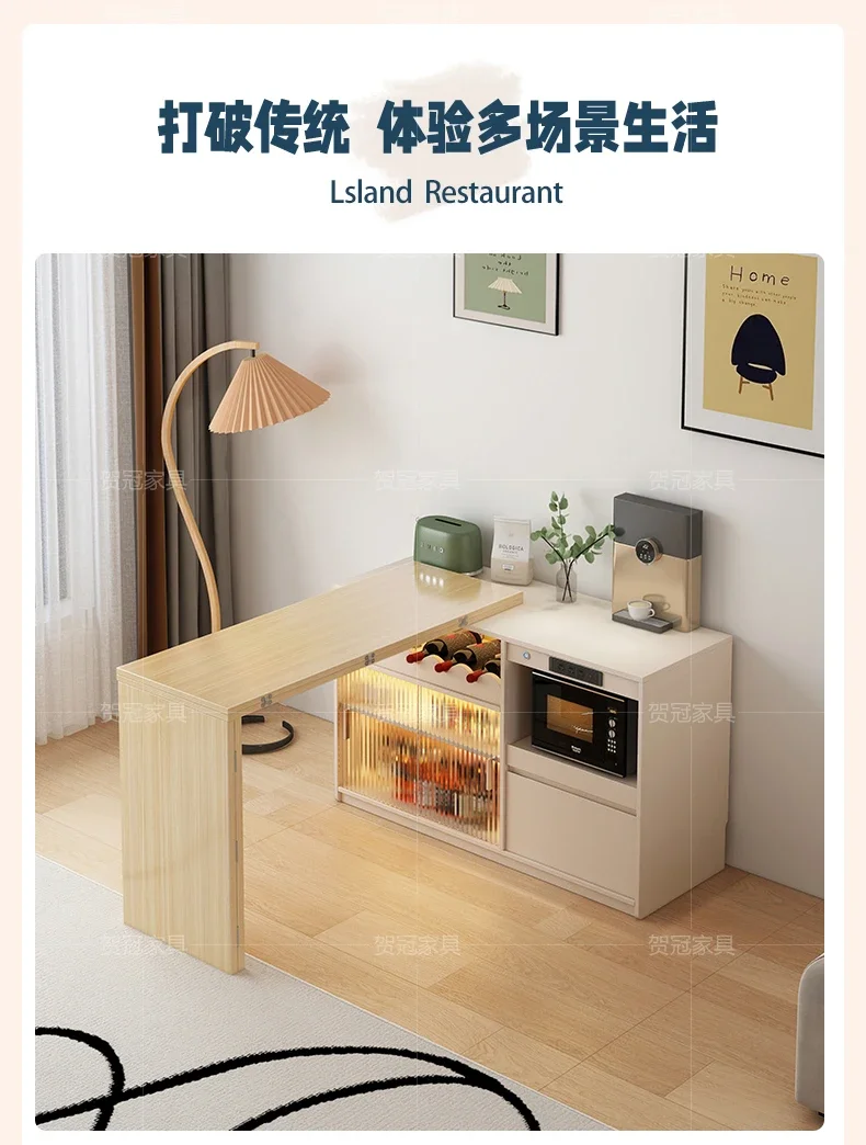 

Folding Dining Table Household Retractable Solid Wood Sideboard Bar Integrated Table Rotatable Storage Cabinet