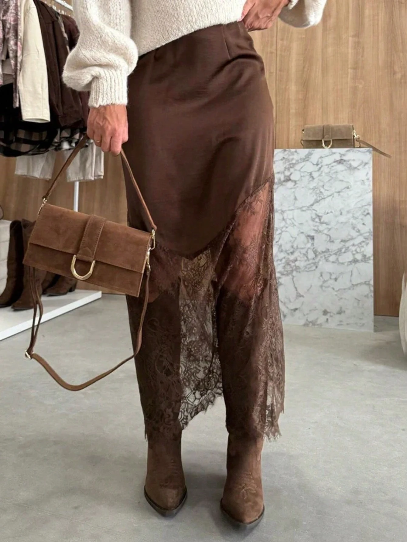 Elegant Spliced Skirt for Women, Satin & Lace Mesh with Eyelash Trim, Elastic Waistband, All-Match Style for Four Seasons, Ideal