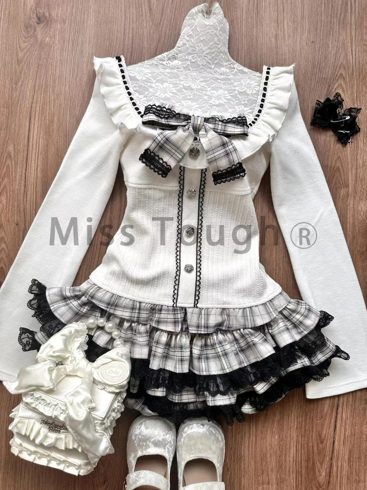 Japanese Preppy Style Cute 2 Piece Sets Women Chic Bow Tops + Gray Plaid Skirt New Design Fashion JK Retro Stitching Suits 2024