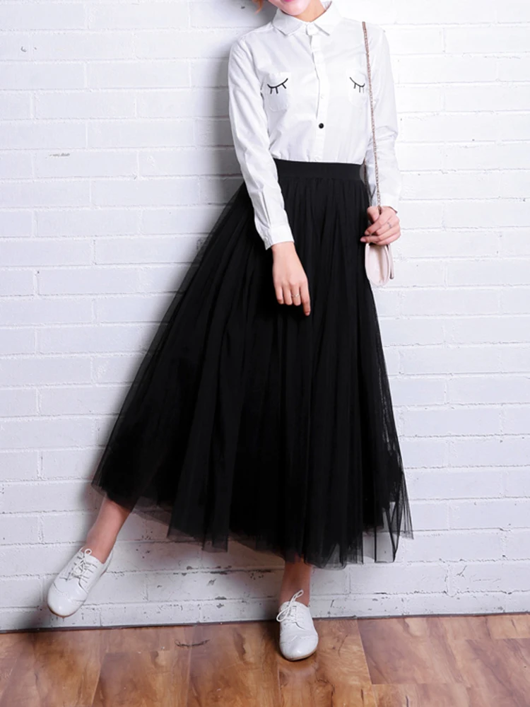 JMPRS Vintage Tulle Skirt Summer Women Elastic High Waist Mesh Pleated Skirts Elegant Korean A Line Office Ladies Skirt New