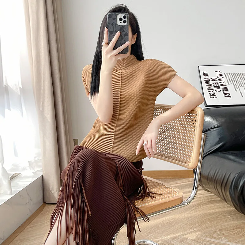 مياكي 2025 صيف جديد عالي الجودة متعدد الاستخدامات سليم قصير الأكمام المرأة الصيف البلوز القمم الوقوف طوق مطوي تي شيرت