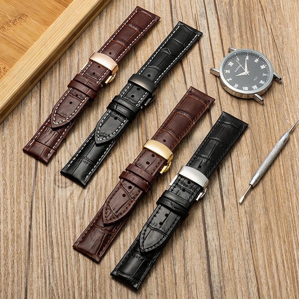 Butterfly Buckle Genuine Calfskin Leather Watch Starp Universal Replacment Watch Bands Buckle Starp in Multiple Sizes 12-24mm