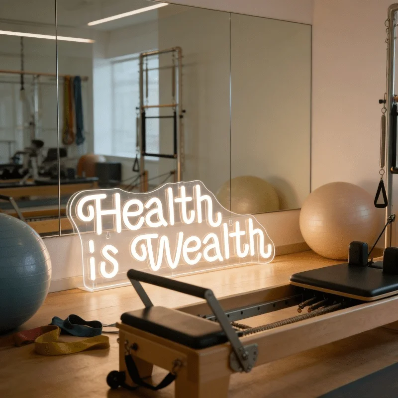 Health is Wealth Neon Sign LED Marquee Light for Home Gym Decor Wall Art USB Night Light Wellness Yoga Lifestyle Gift Decoration