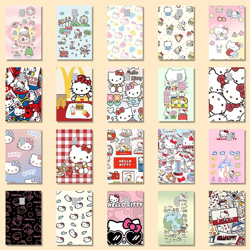 New Hello Kitty 20pcs Credit Debit Card Stickers Anime Fashion Girls Boys Mate PVC Film Tape Skin for  Large Small No Chip Gifts