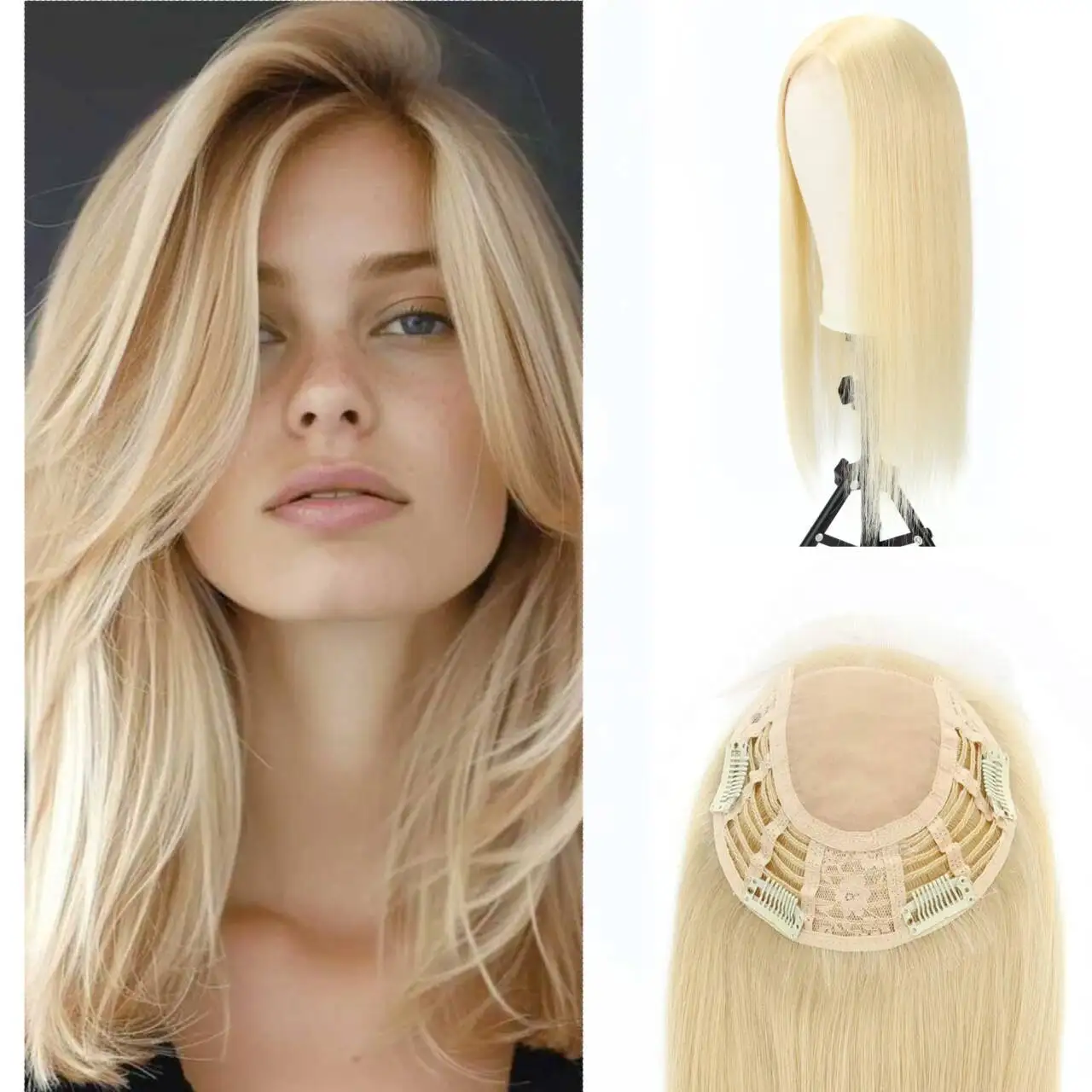 TUW21 Silk Top Human Hair Toppers 100% Virgin Natural Looking Hairpiece for Women with Thinning Hair - Easy to Wear Hair Extensi