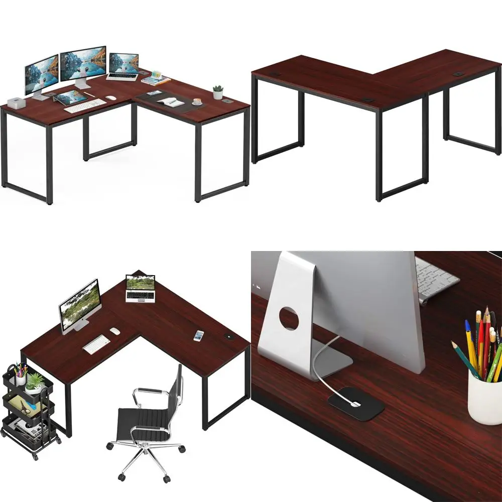 مكتب زاوية على شكل حرف L، مقاس 55 × 60، لمسة نهائية من الكرز، مكتب كمبيوتر عالي الجودة