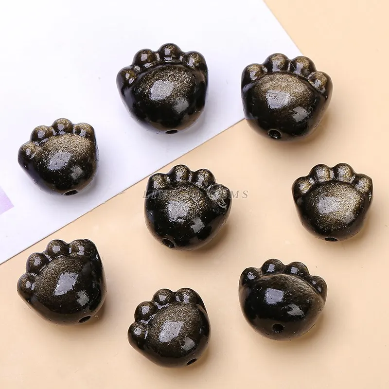 1 Pc Natural Stone Gold Silver Obsidian Carved Bead Cat Paw Pixiu Animals Cute Bead With Hole For Jewelry Making Diy Necklace