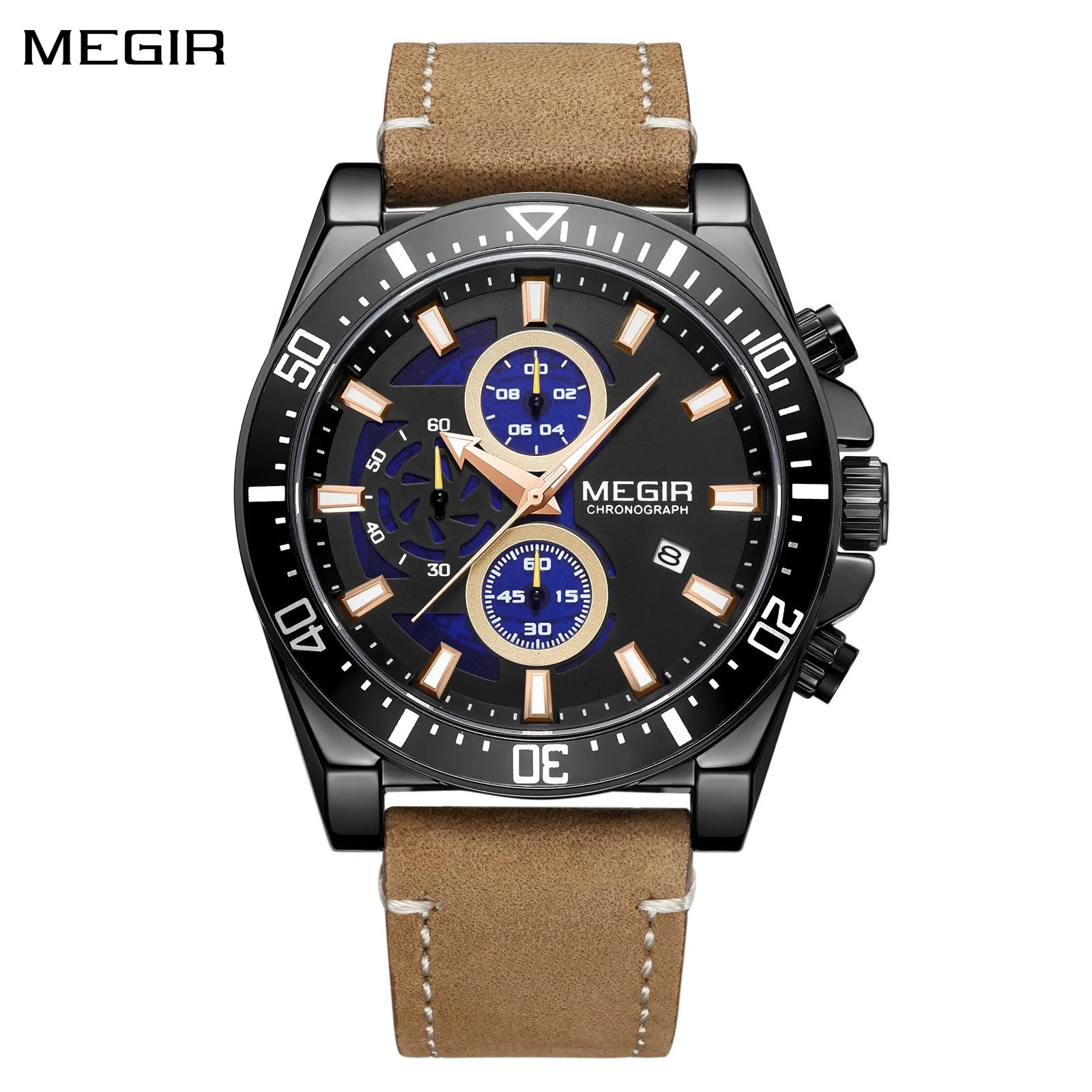 MEGIR Fashion Quartz Watches Men Luxury Sports Military Leather Strap Chronograph Big Dial Waterproof Luminous Date Wristwatch