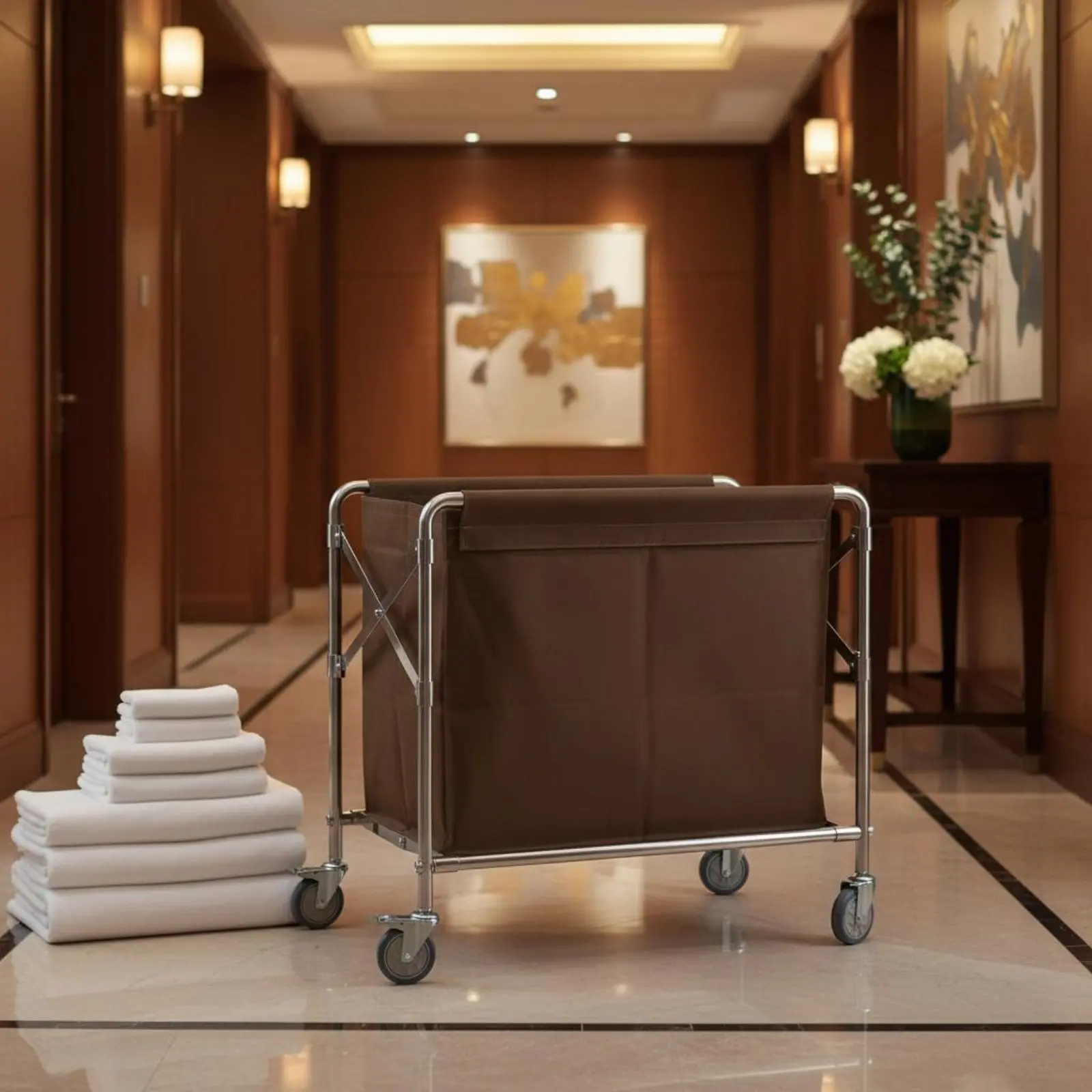 Foldable Linen Trolley Removable Bag Foldable Laundry Cart Stainless Steel Cleaning Cart Large Capacity Janitorial Supply