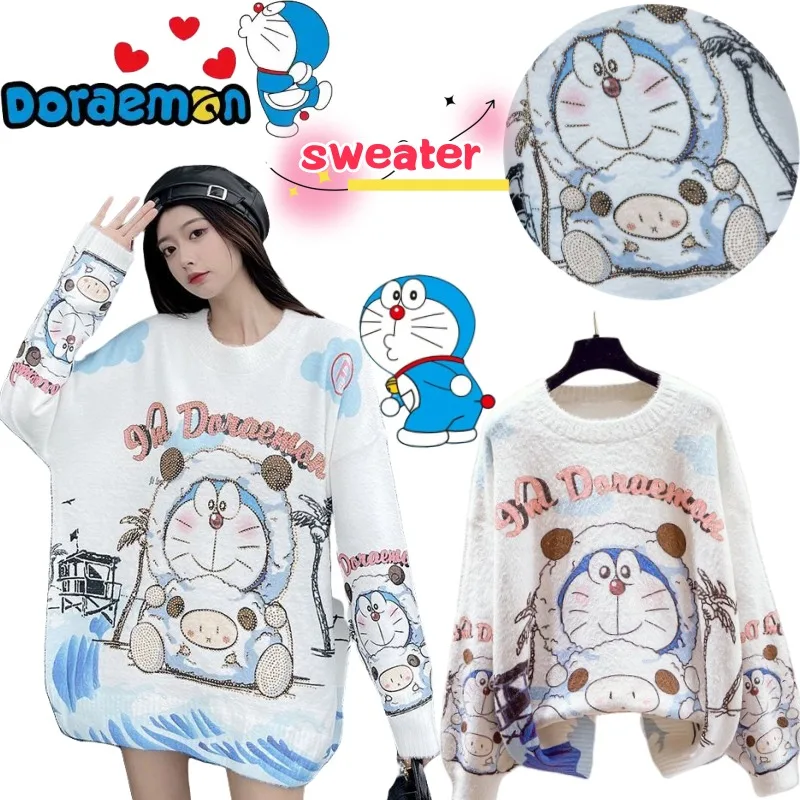 

Новый осенне-зимний свитер Doraemon, креативный дорогой свитер с мультяшным принтом, двумерный универсальный вязаный топ для девочек в ленивом стиле