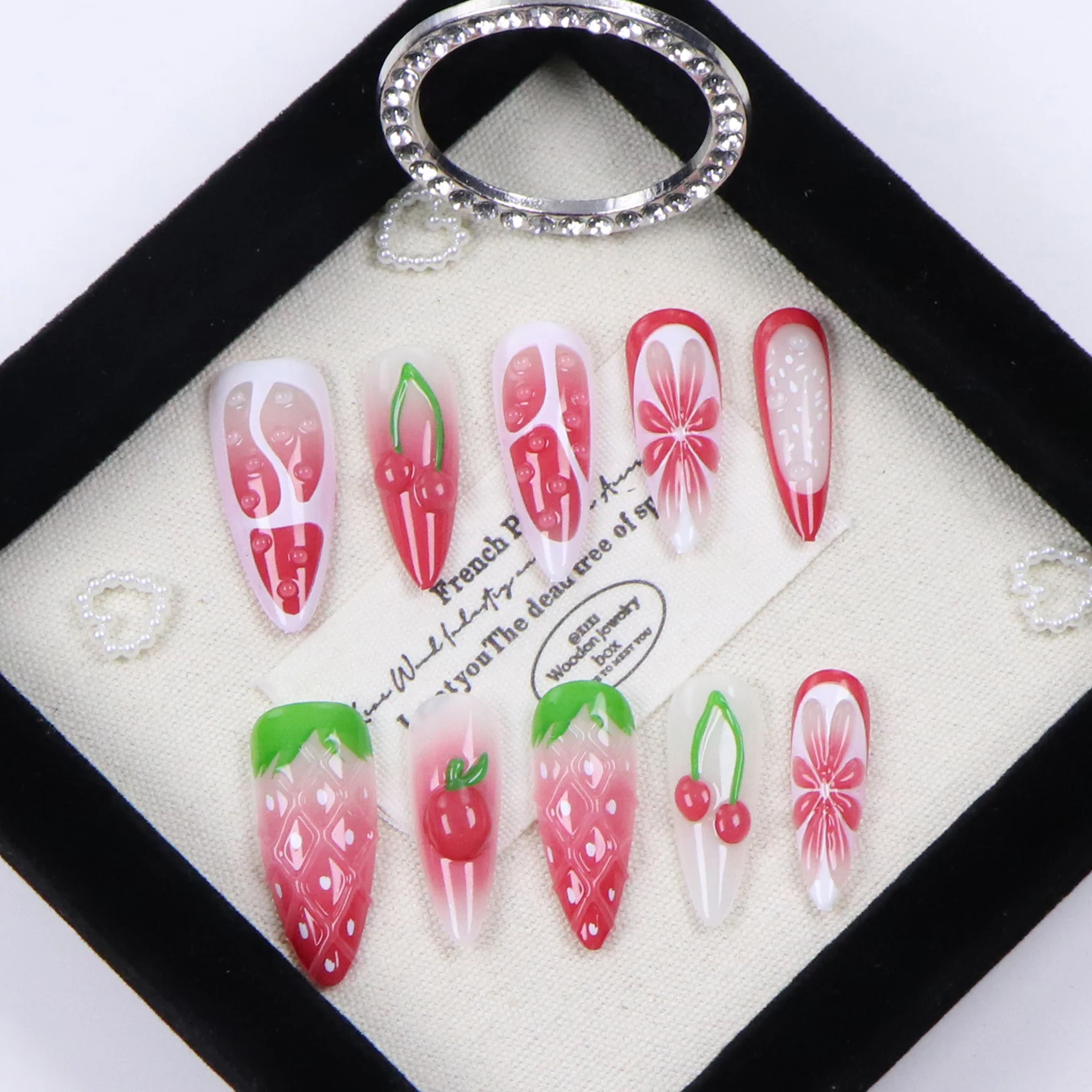 Y2k 10 قطعة الصحافة الفرنسية المدببة اللوز عطلة طويلة مسمار مع الفراولة تنقش نمط قطرة الماء تصميم الصيف الاصطناعي #2