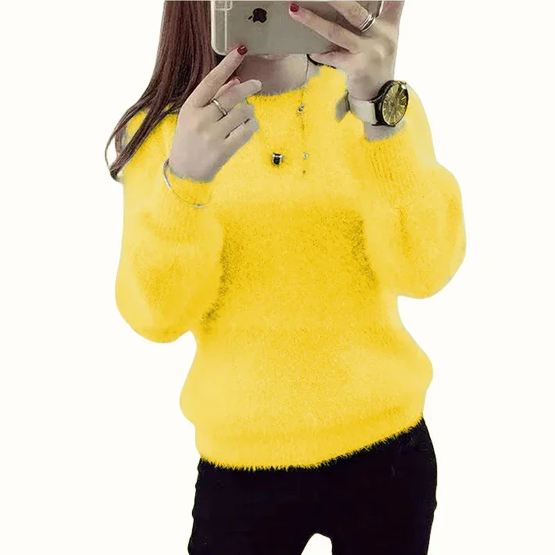 Winter Imitate Mink Wool Hot Fleecing Female O-neck Long Puff Sleeve  Elastic Casual Sweater Women Knitted Tops Pullovers Solid