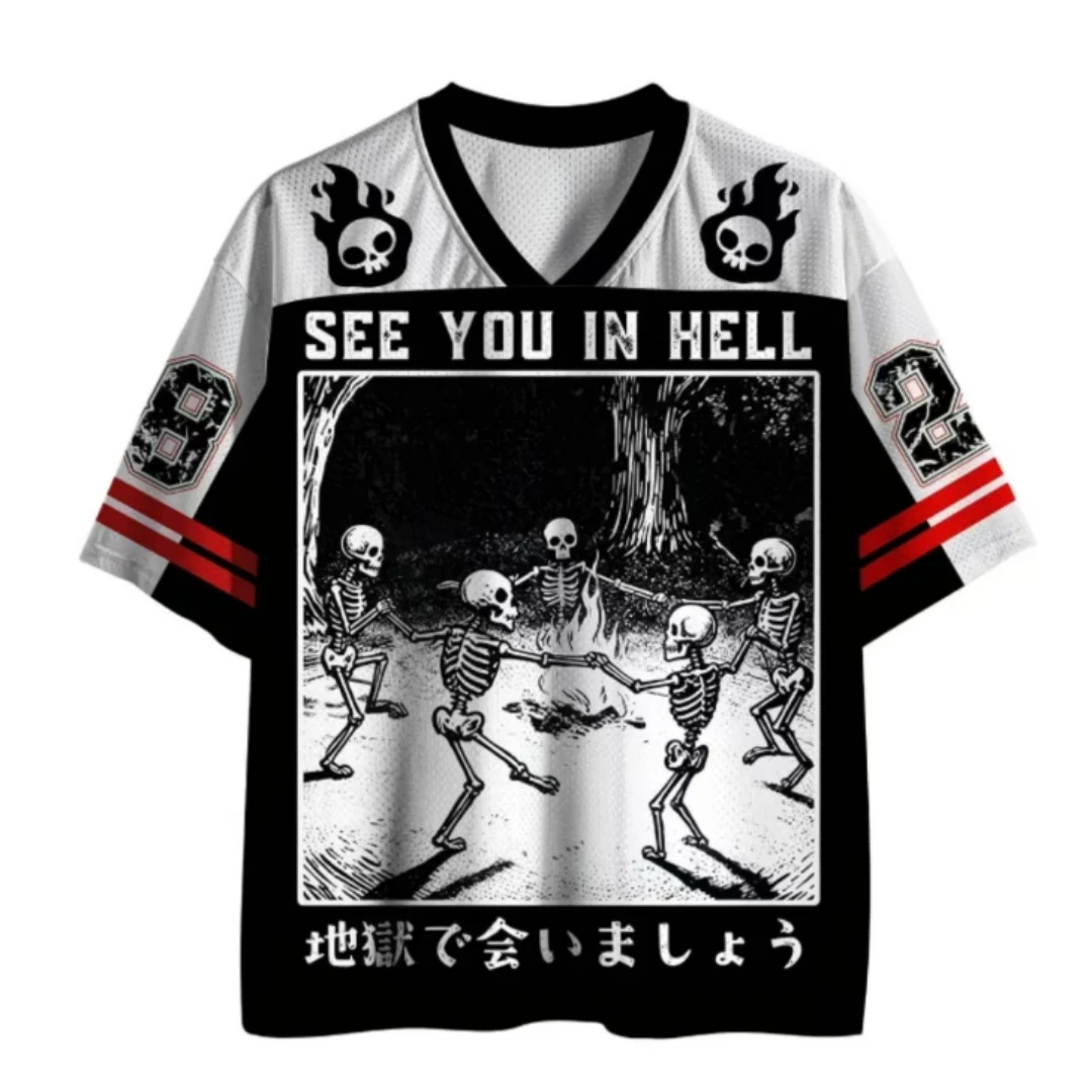 Gothic Skeleton V-neck Mesh Short Sleeve Dancing Skeleton Bonfire Printed Streetwear Halloween Sports T-shirt