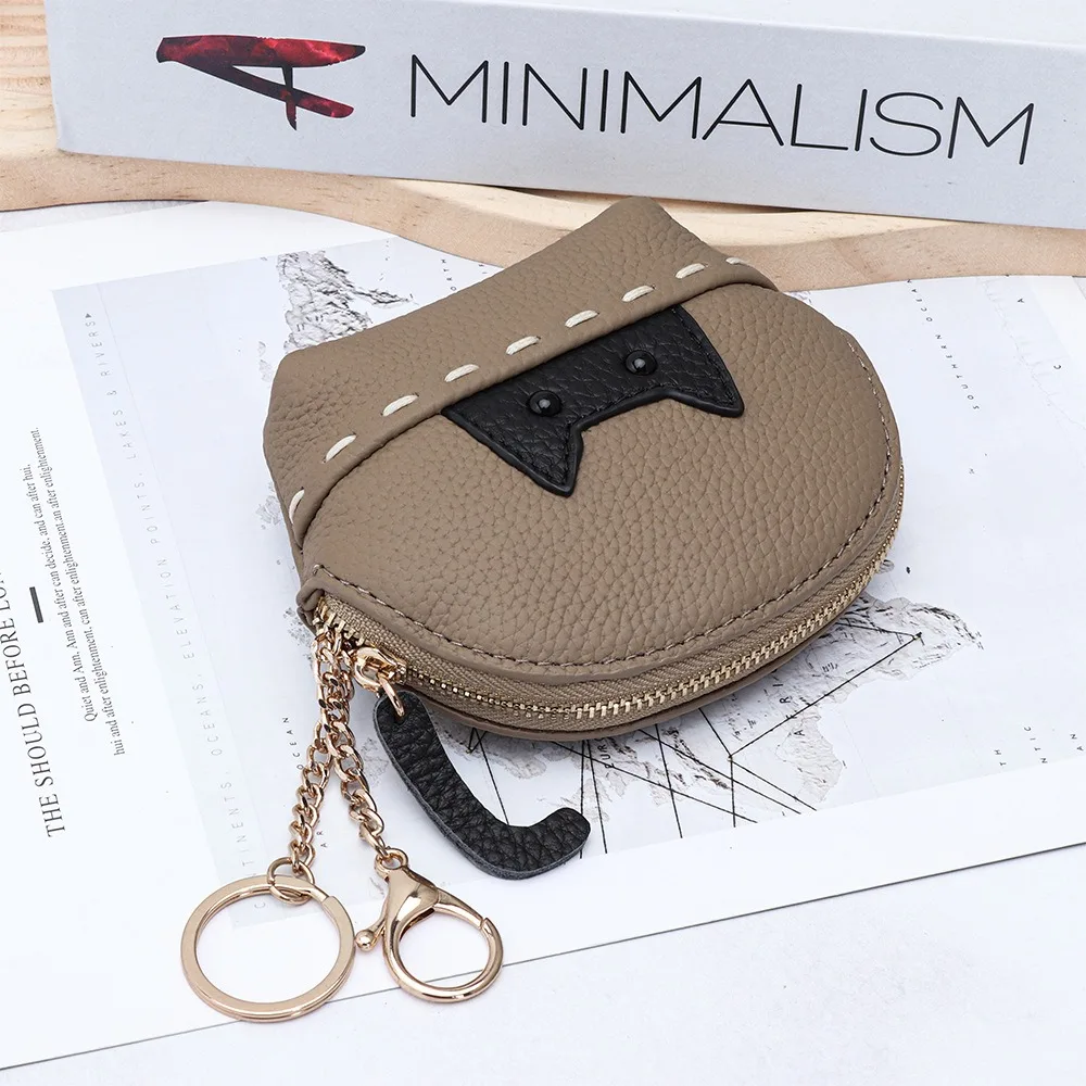 

Мини-брелок для монет премиум-класса из натуральной кожи с милой кошачьей головой - портативный органайзер для монет на молнии для ежедневных аксессуаров в дороге