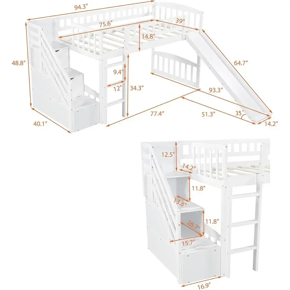Twin Size Wooden Low Loft Bed with Slide, Stairs, Storage Drawers, and Guardrails for Kids' Bedroom Furniture (White)