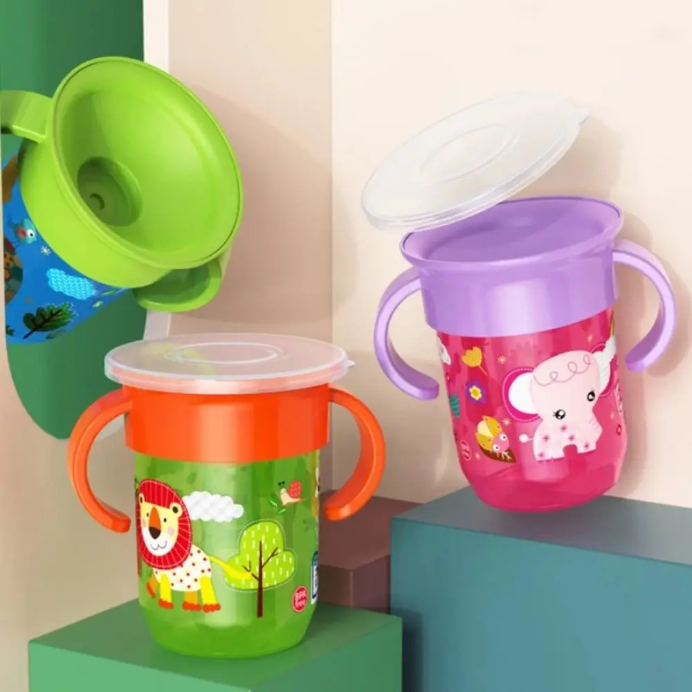 Cartoon Animals Toddler Training Cup 360 Rotated Flip Lid Baby Sip Cups with Double Handle Reuseable Infants Water Bottle