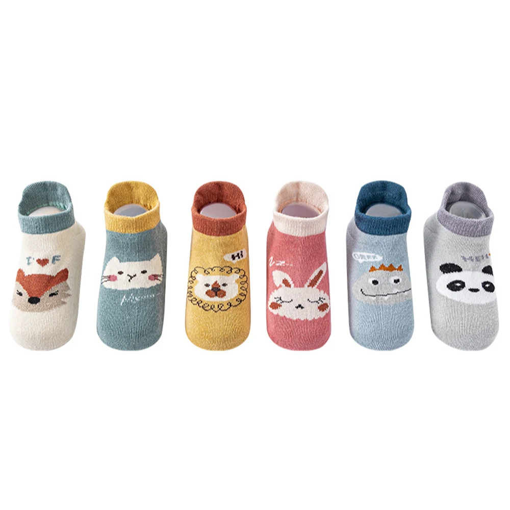 6 pairs of boys and girls' anti slip socks with cute cartoon animal patterns, comfortable and breathable baby floor socks
