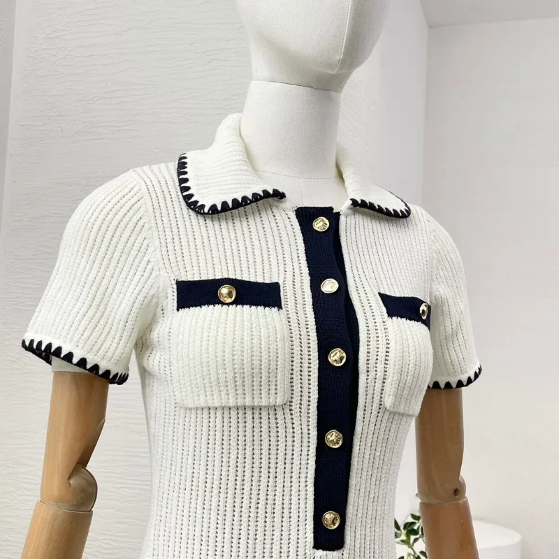 Mini abito da donna avorio bianco colori a contrasto bordo all\'uncinetto a mano lavorato a maglia elegante nuova alta qualità 2024