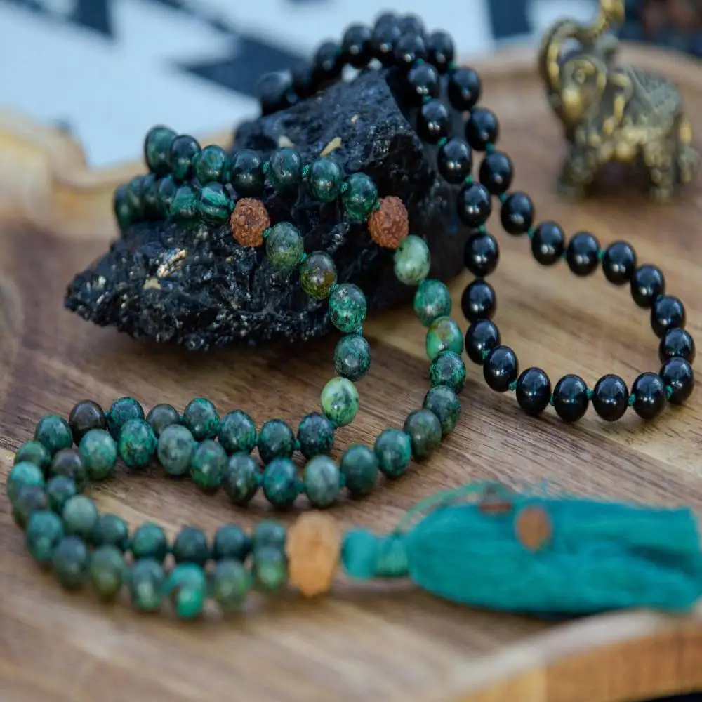 

Earthy Green Mala Prayer Beads Tassel Necklace Boho Spiritual Yoga Meditation Energy Jewelry Gift