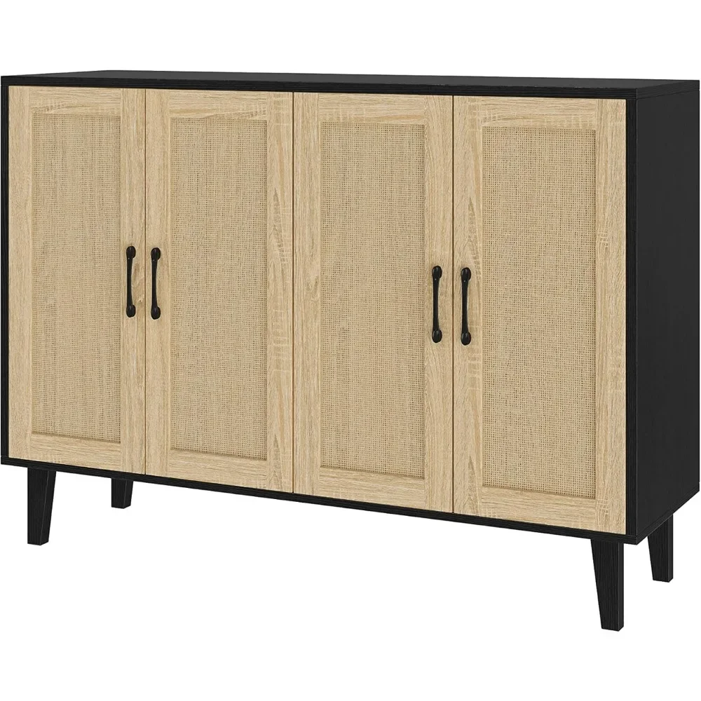 Armário Buffet com Decoração Rattan, 4 Portas, Sala e Aparador de Cozinha, 48,43x34,65x15 in