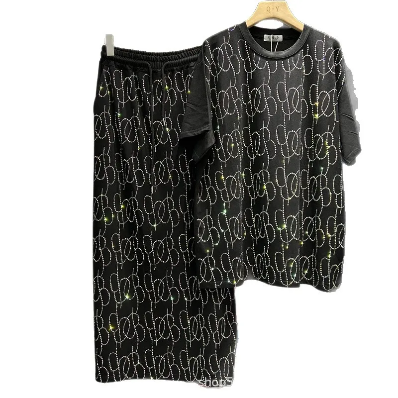 Woman Diamonds Beaded T-shirt Drilling Tees Short Sleeve Jumpers Crop Tops + Drawstring Elastic Waist Rhinestone Half Skirt 2Pcs