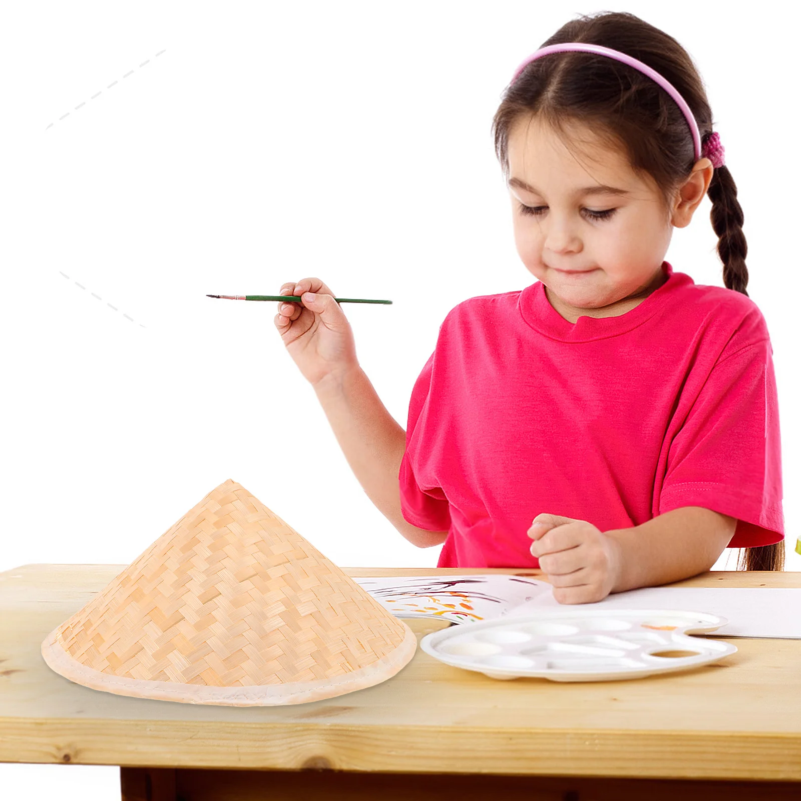 3Pcs 어린이 아시아 원뿔 모자 수제 밀짚 그림 태양 모자 DIY 동양 파티 코스프레 공연 액세서리 전통